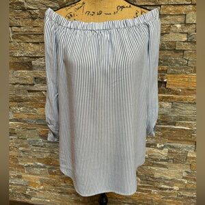 Michael Kors Blue White Stripe Off On Shoulder Adj Sleeve Small Coastal Grandma